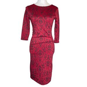 Rhapsodielle Womens Floral Evening Dress Size Small Midi Length Artsy Red Black
